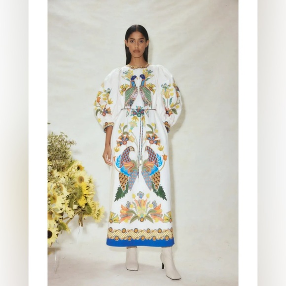 New ALEMAIS Effie puff sleeve midi dress in pearl - Picture 8 of 16